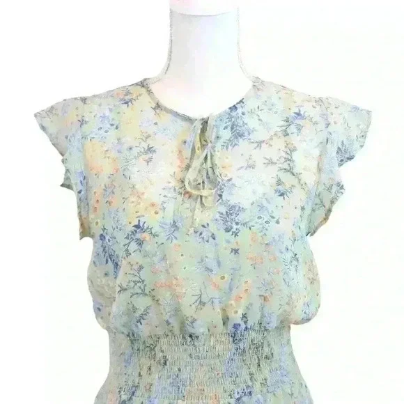Gypsies & Moondust Green Floral Midi Dress Elastic Waist Cap Sleeve Size Medium - Picture 3 of 7